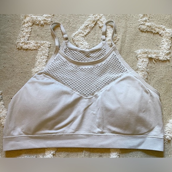 White Padded Halter Sports Bra with Fishnet Design - Picture 4 of 6